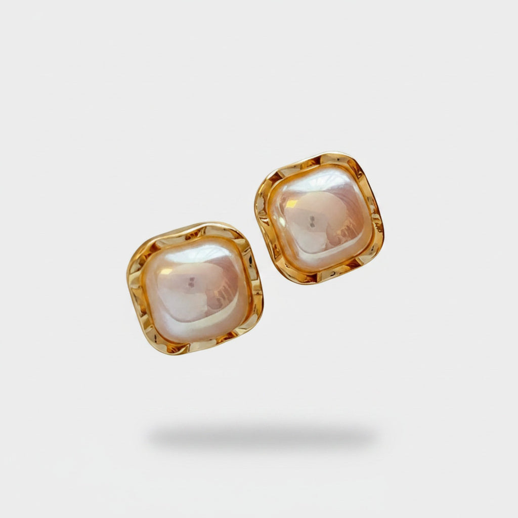 Pearl Dome Squared Gold Stud Earrings