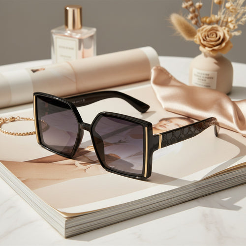 Black Square Sunglasses With Gold Trim