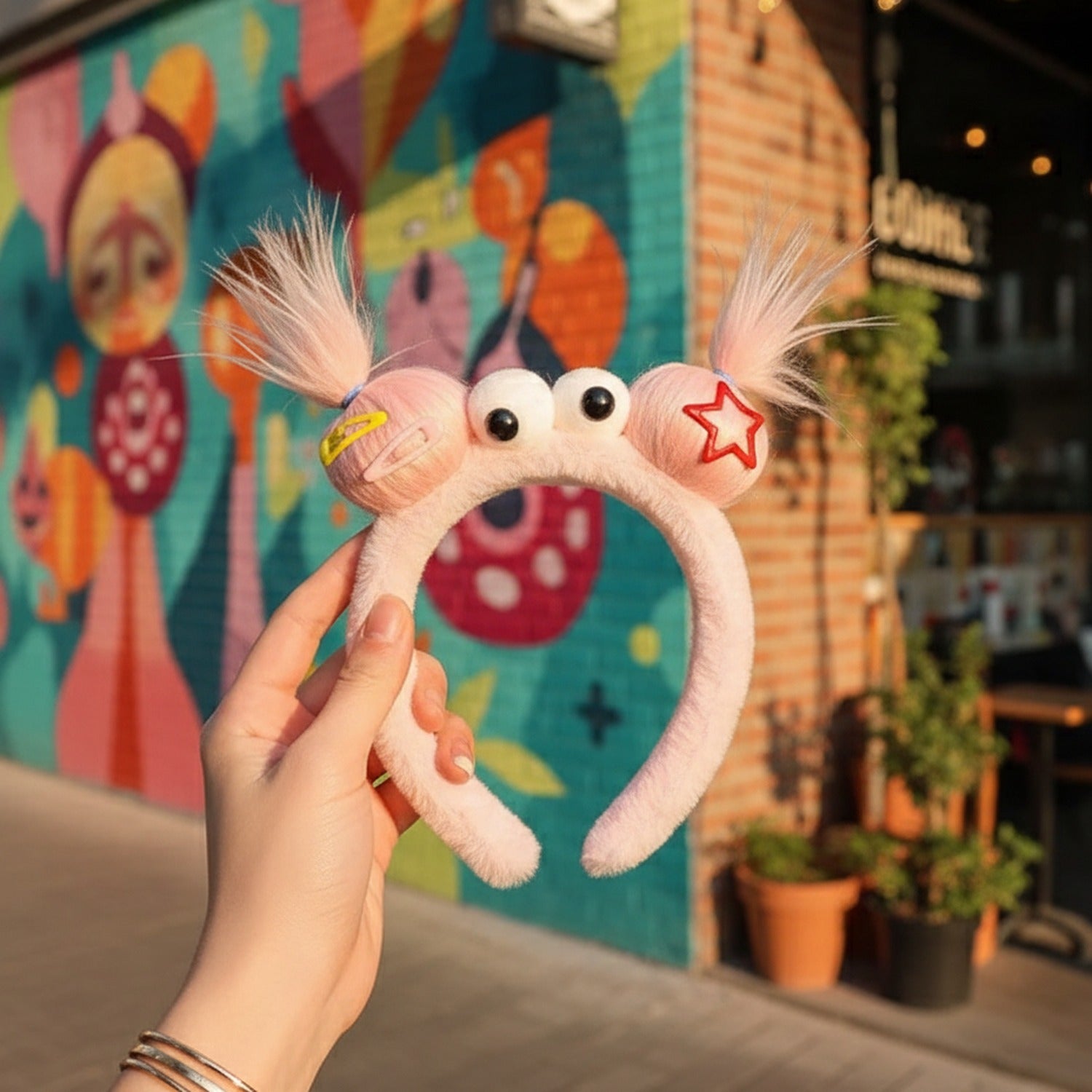 Pink Fuzzy Hairband With Star And Hair Clips