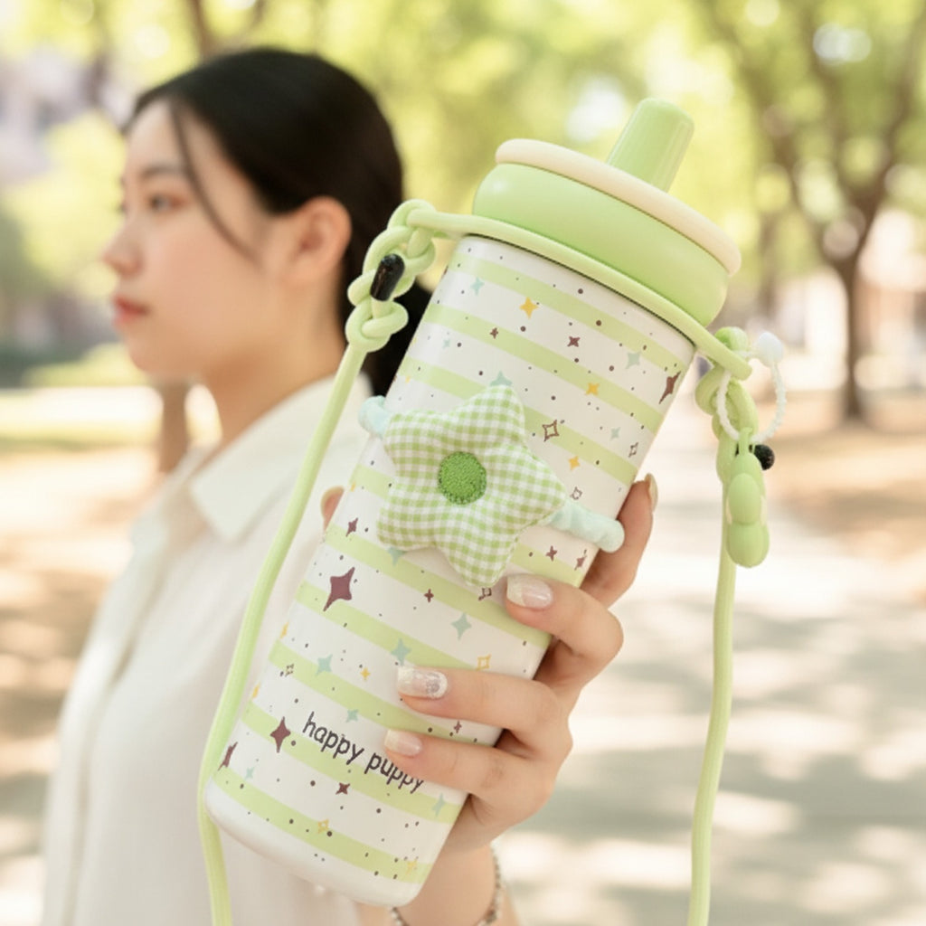 Pastel Green Star Print Insulated Tumbler With Charm Strap