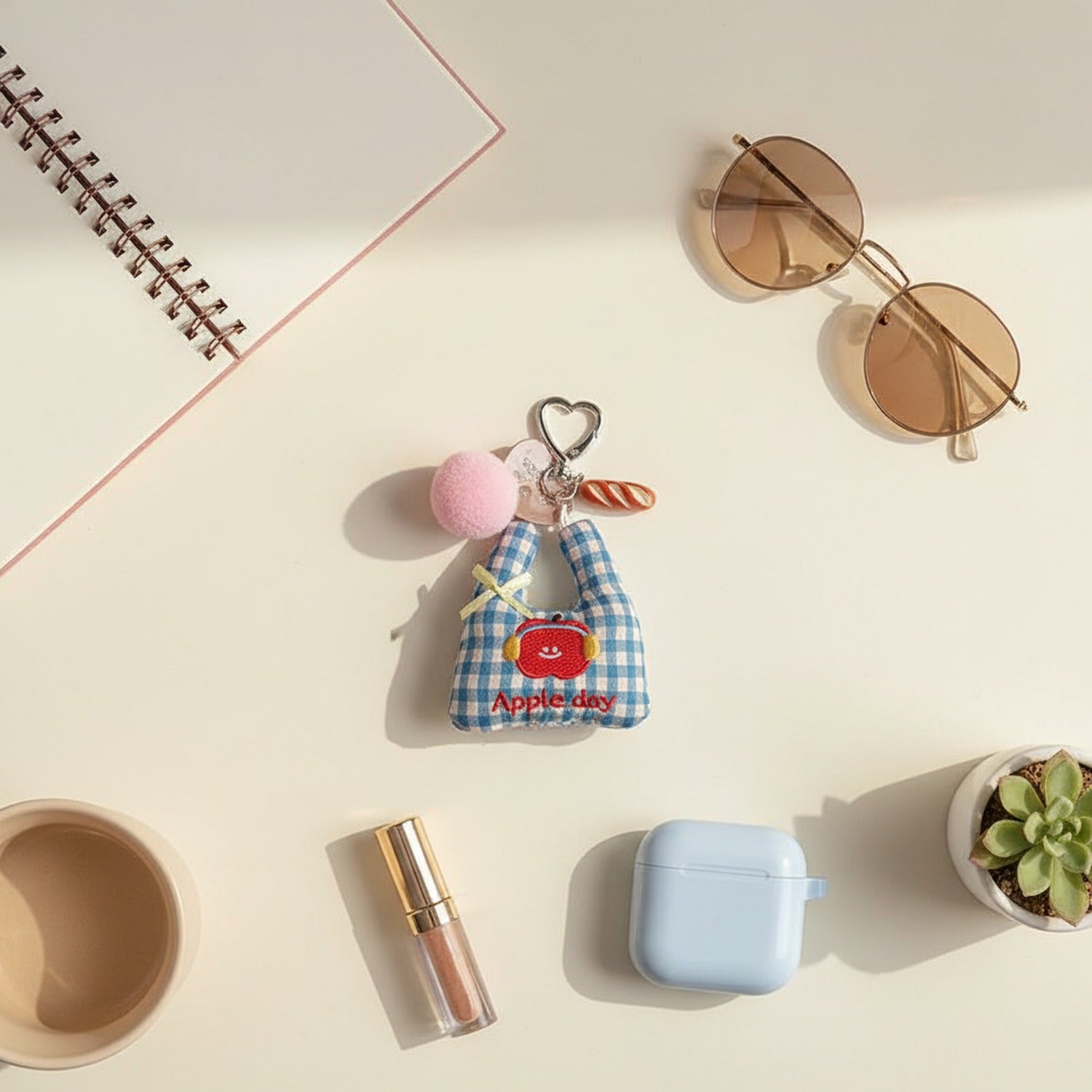 Blue Gingham Apple Charm Keyring With Pink Pom Pom