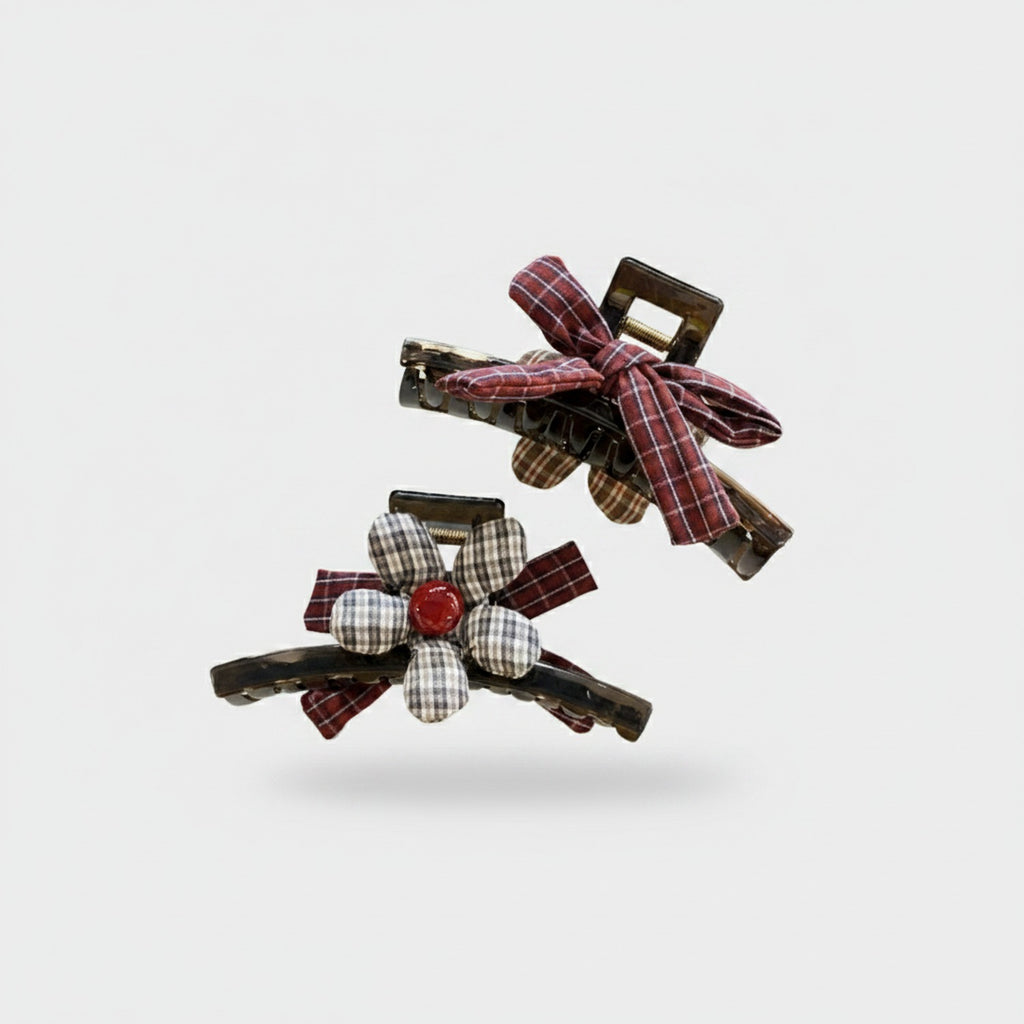 Plaid Fabric Hair Claw Clips With Ribbon Bows