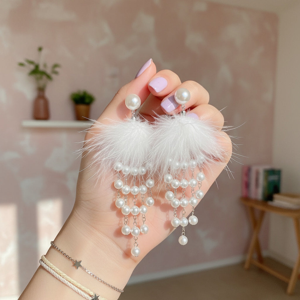 White Feather Butterfly Rhinestone Drop Earrings