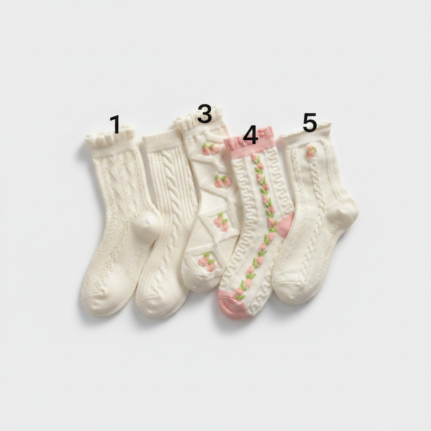 Cream Cable Knit Crew Socks With Floral Details