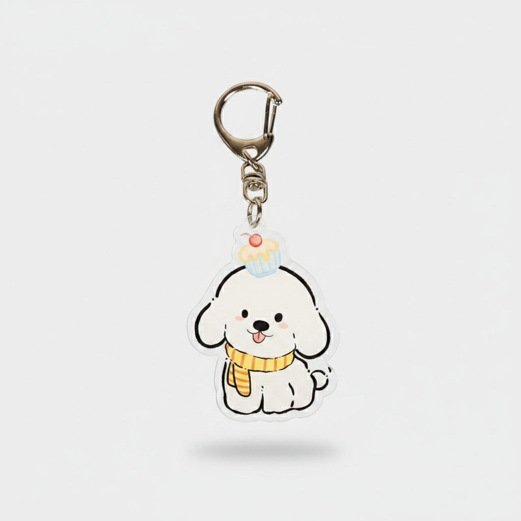 Cute White Puppy Acrylic Keyring With Cupcake Charm