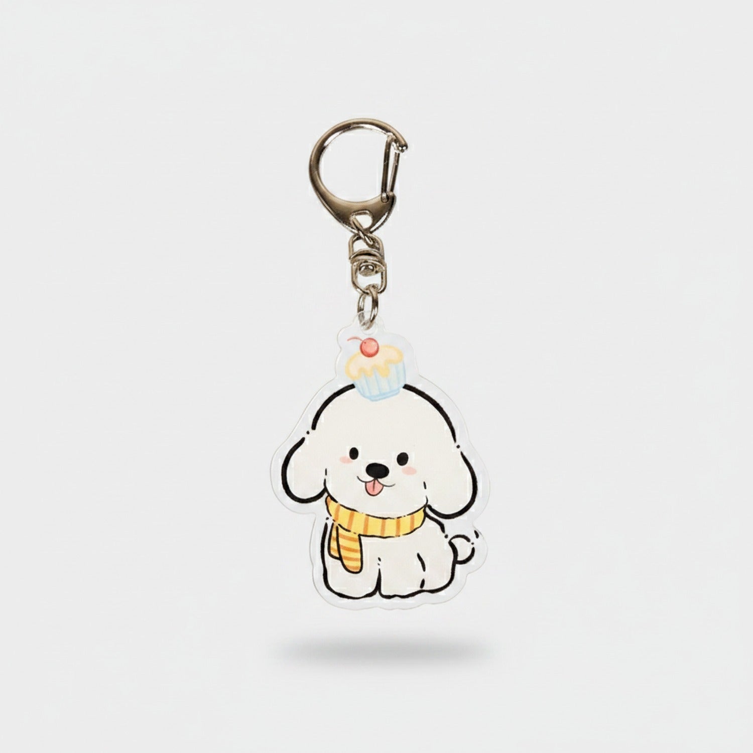 Cute White Puppy Acrylic Keyring With Cupcake Charm