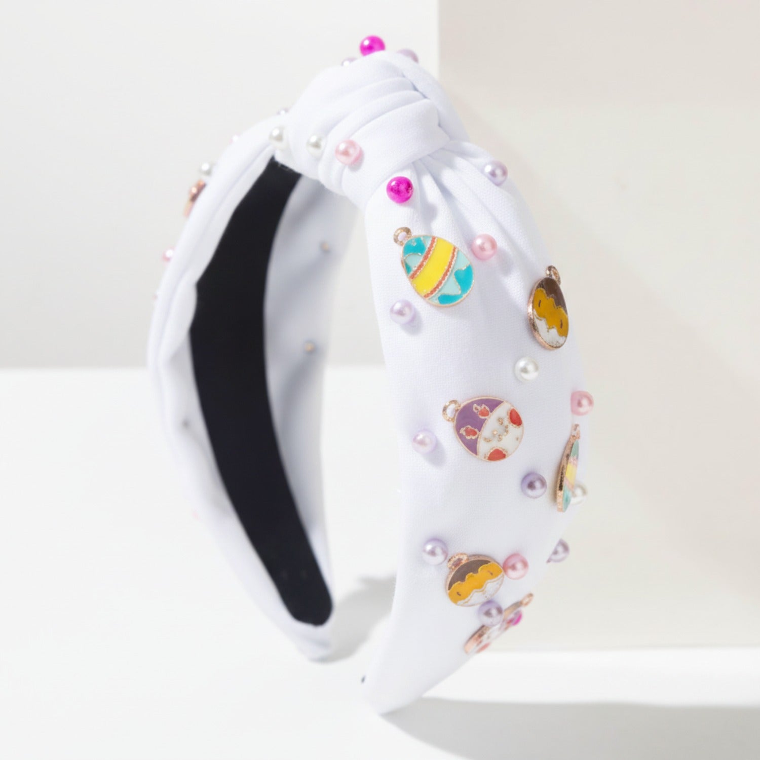 White Padded Headband With Colorful Charm Embellishments