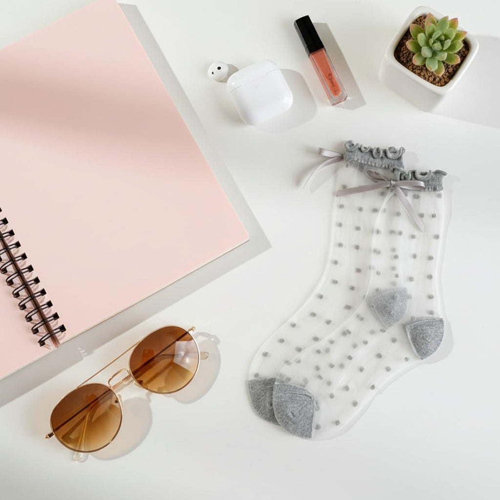 Sheer Black Polka Dot Crew Socks with Ruffle