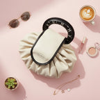 Cream Pleated Cosmetic Bag with Roman Numeral Mirror