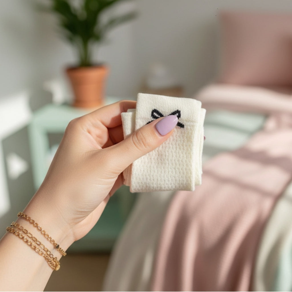 Cream Knit Crew Socks With Black Bow