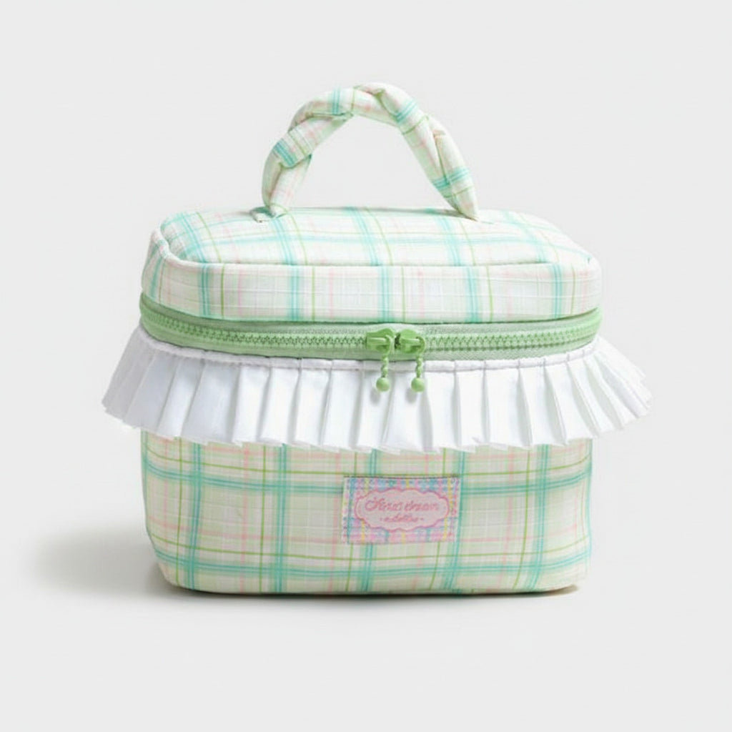Plaid Cosmetic Bag With White Ruffle Trim