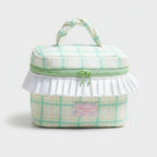 Plaid Cosmetic Bag With White Ruffle Trim