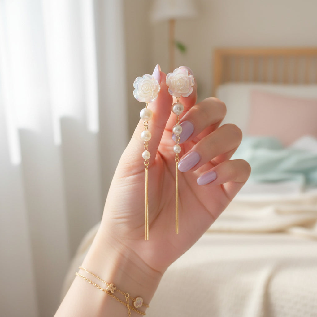 Pearl Rose Flower Chain Threader Earrings