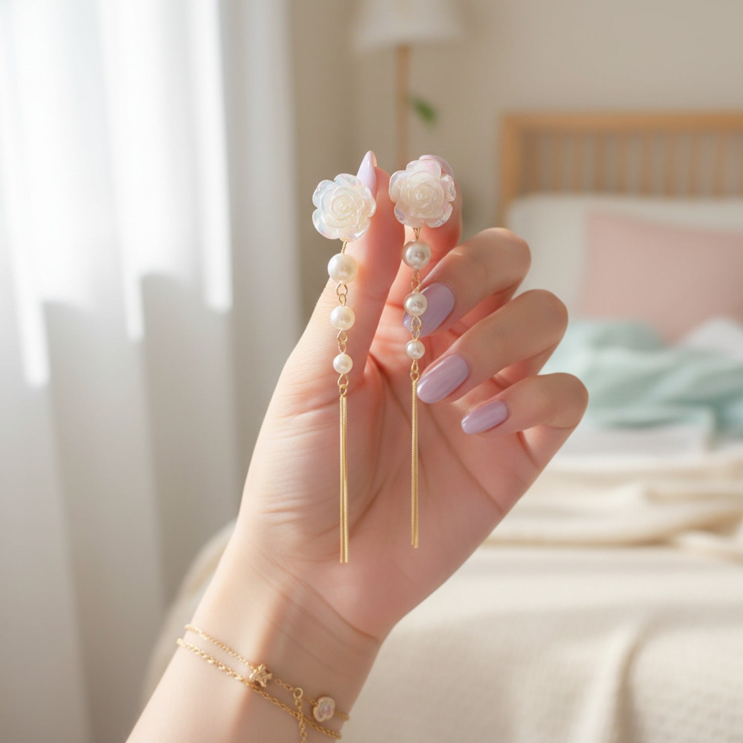 Pearl Rose Flower Chain Threader Earrings