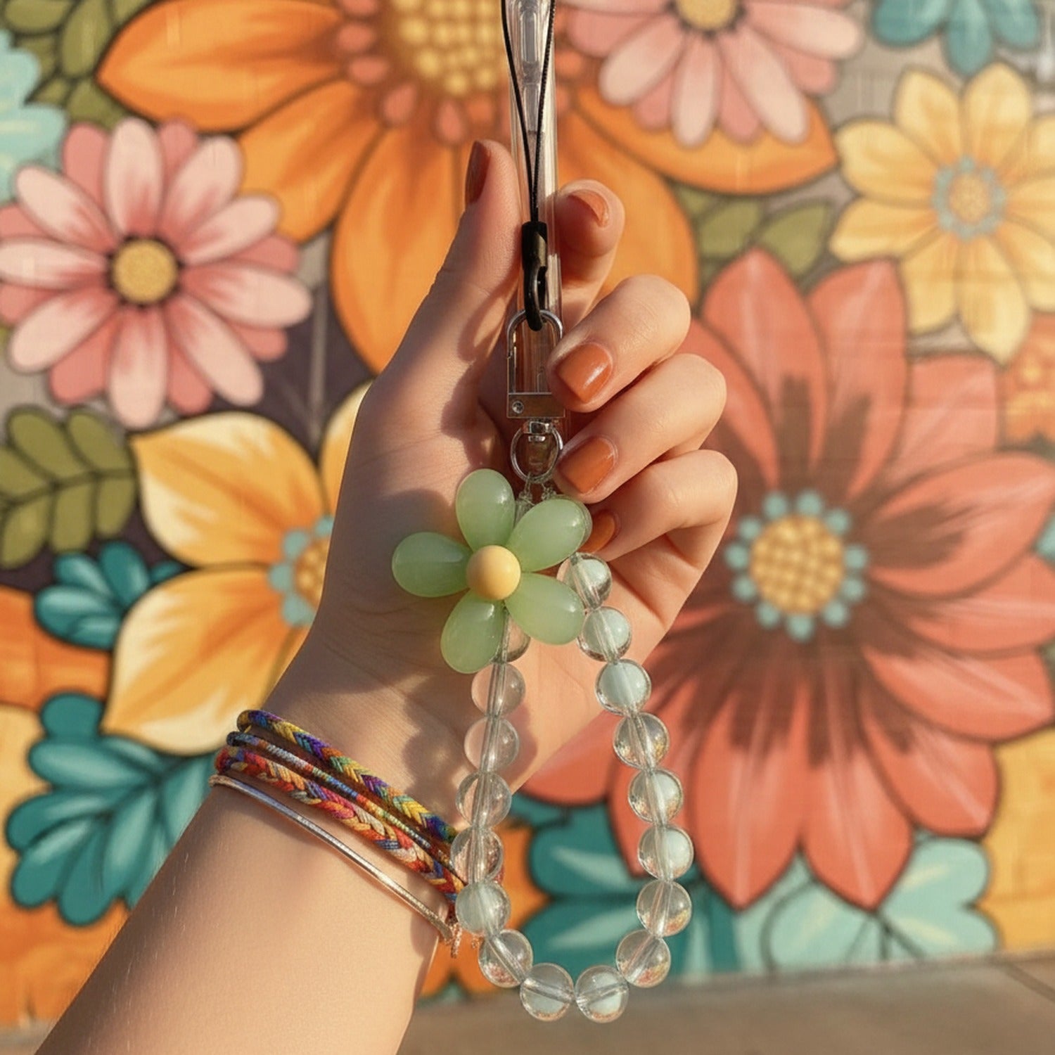 Beaded Flower Acrylic Keyring With Charm