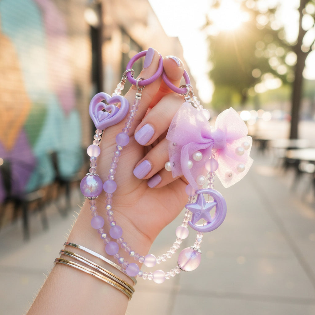 Purple Acrylic Keyring With Beaded Chain And Bow Charm
