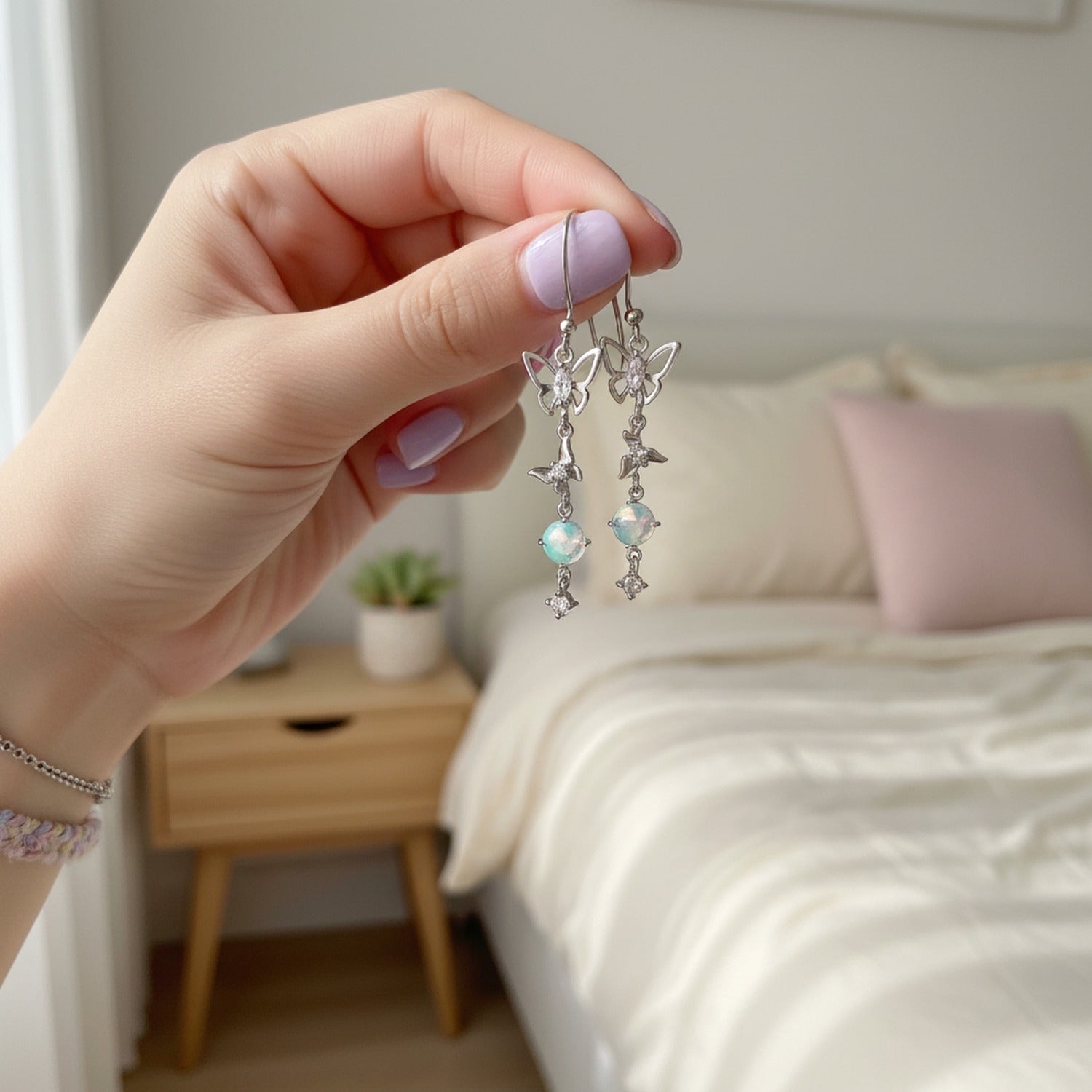 Butterfly Opal Stone Rhinestone Dangle Earrings