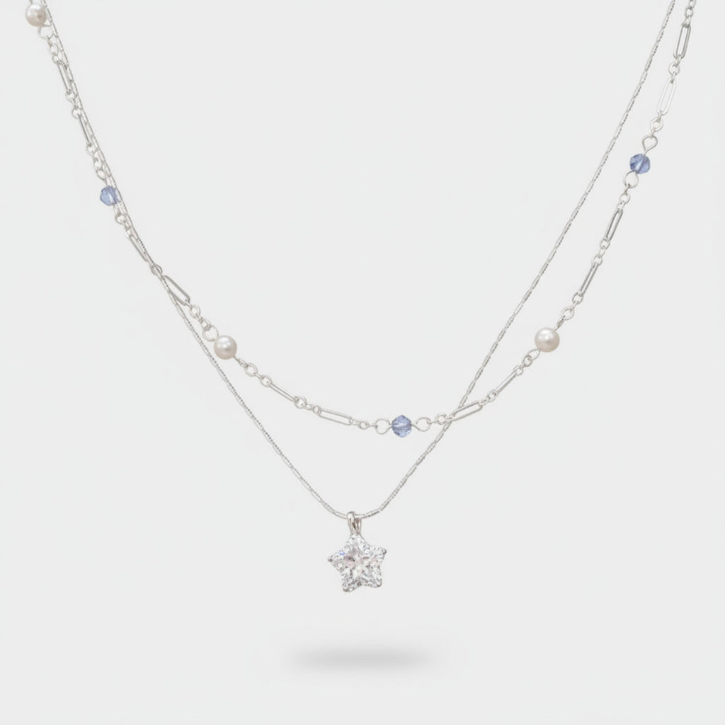 Silver Star Layered Necklace With Pearls And Blue Beads