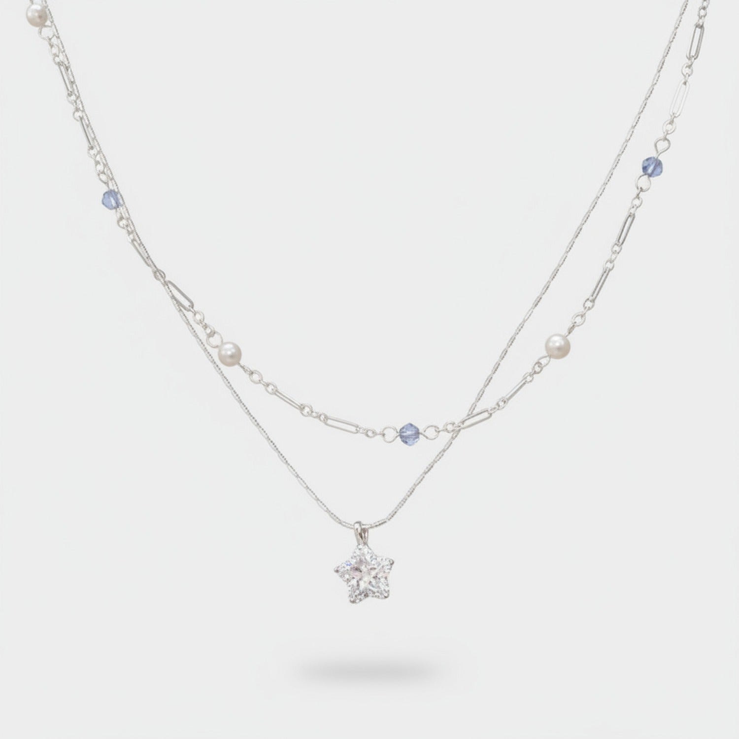 Silver Star Layered Necklace With Pearls And Blue Beads