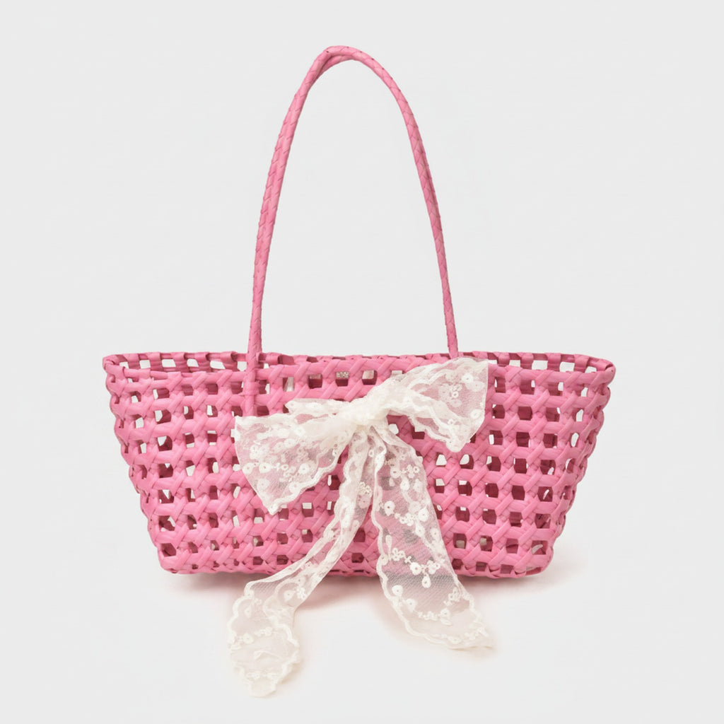 Pink Woven Basket Tote With Lace Bow