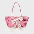 Pink Woven Basket Tote With Lace Bow