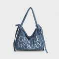 Denim Shoulder Tote Bag With Drawstring Closure