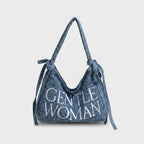Denim Shoulder Tote Bag With Drawstring Closure