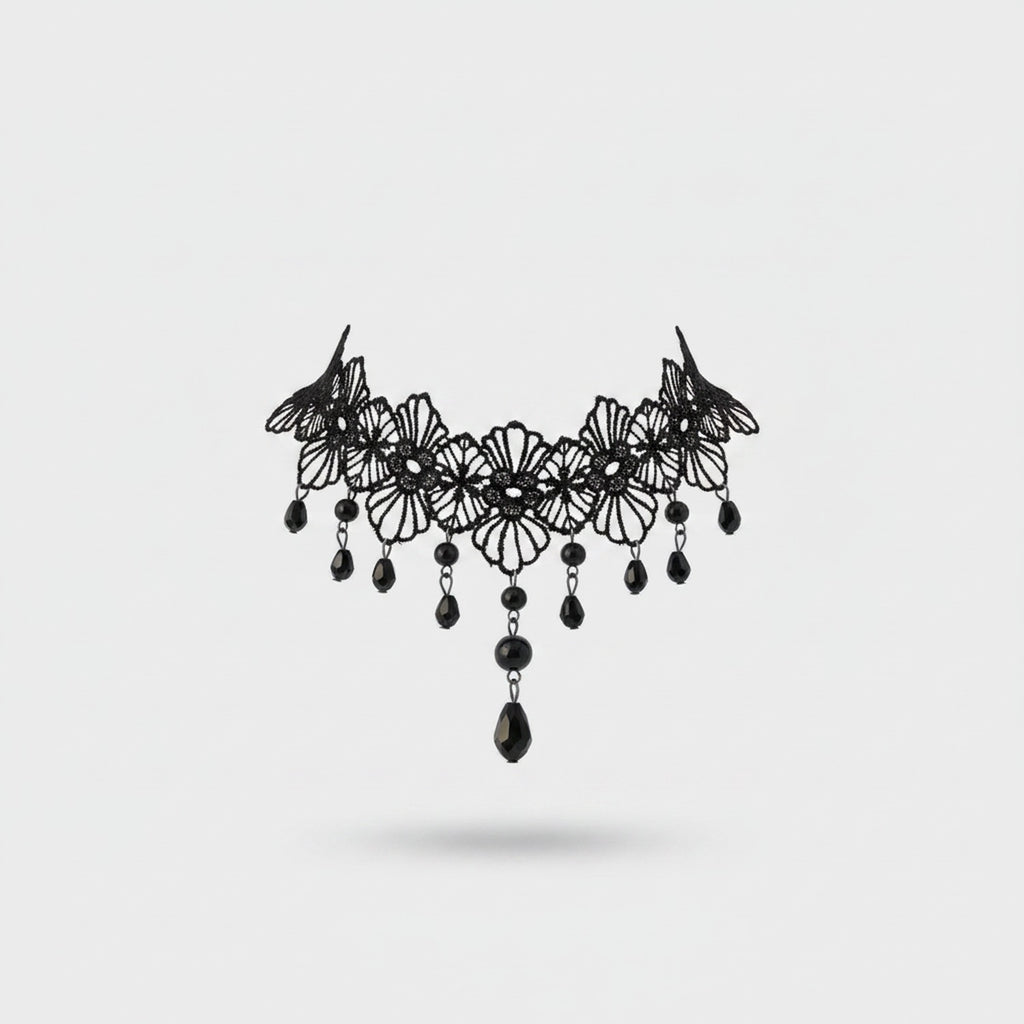 Black Lace Choker Necklace With Beaded Drops