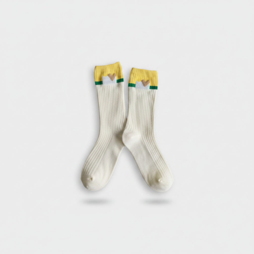 Yellow And White Ribbed Crew Socks With Heart Detail