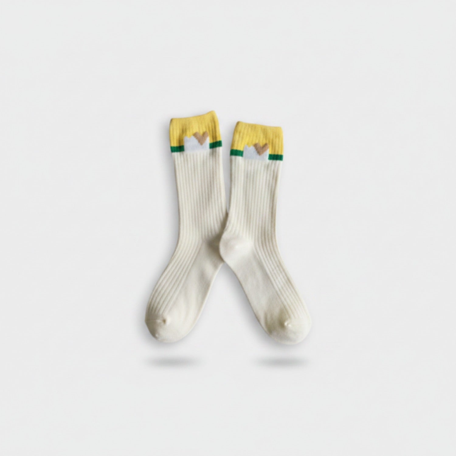Yellow And White Ribbed Crew Socks With Heart Detail