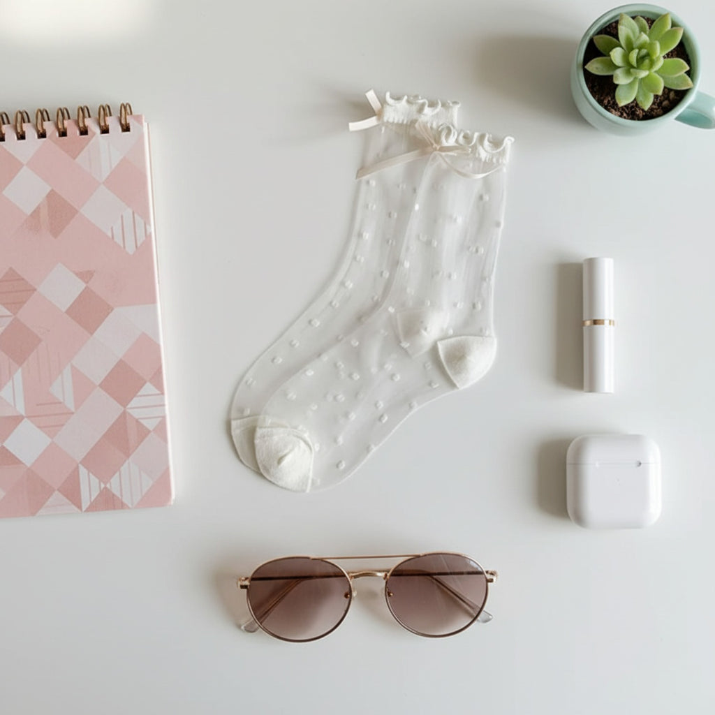 Sheer Black Polka Dot Crew Socks with Ruffle