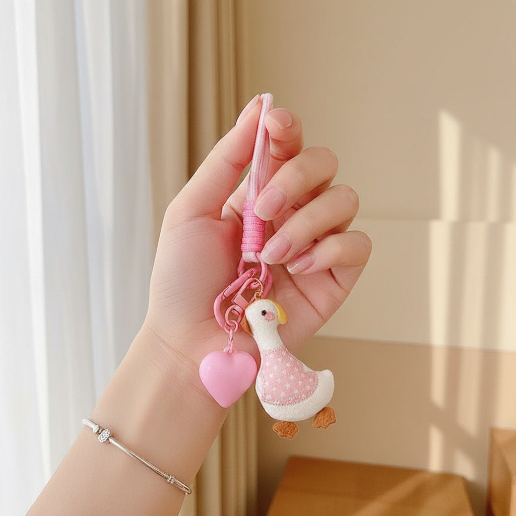 Pink Beaded Duck Charm Acrylic Keyring Heart