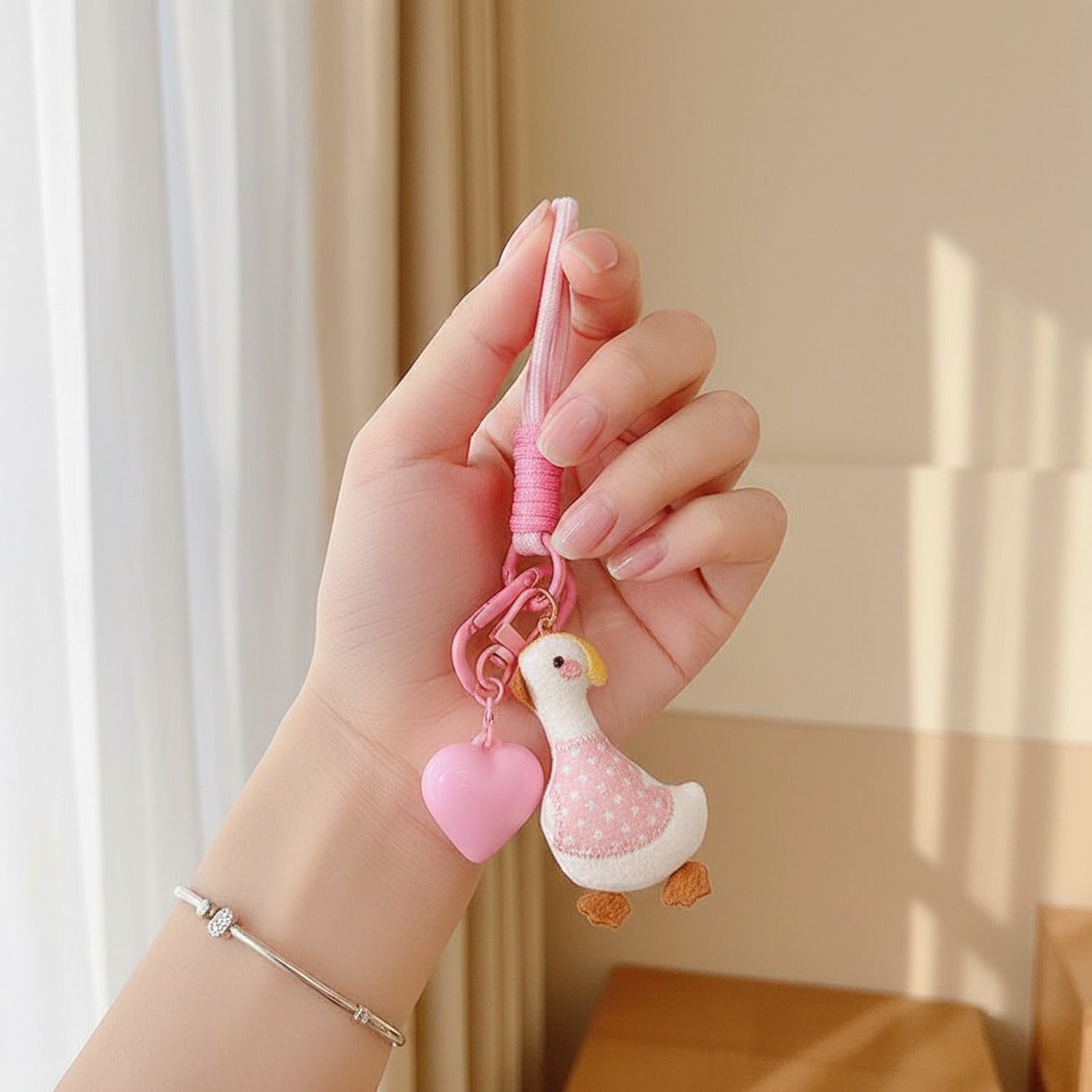 Pink Beaded Duck Charm Acrylic Keyring Heart