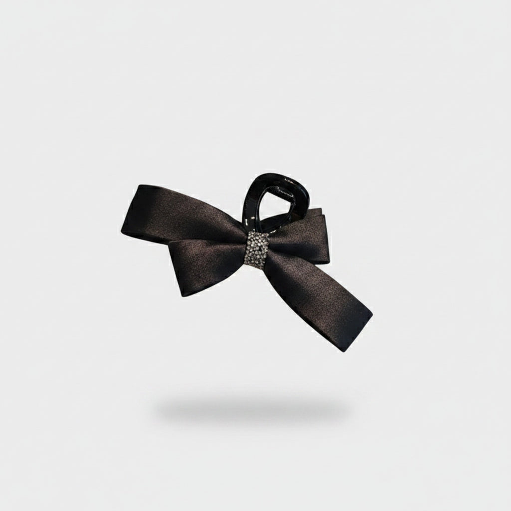 Black Satin Bow Hair Claw with Rhinestones