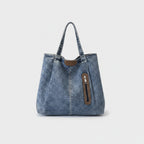 Denim Tote Bag with Brown Leather Trim