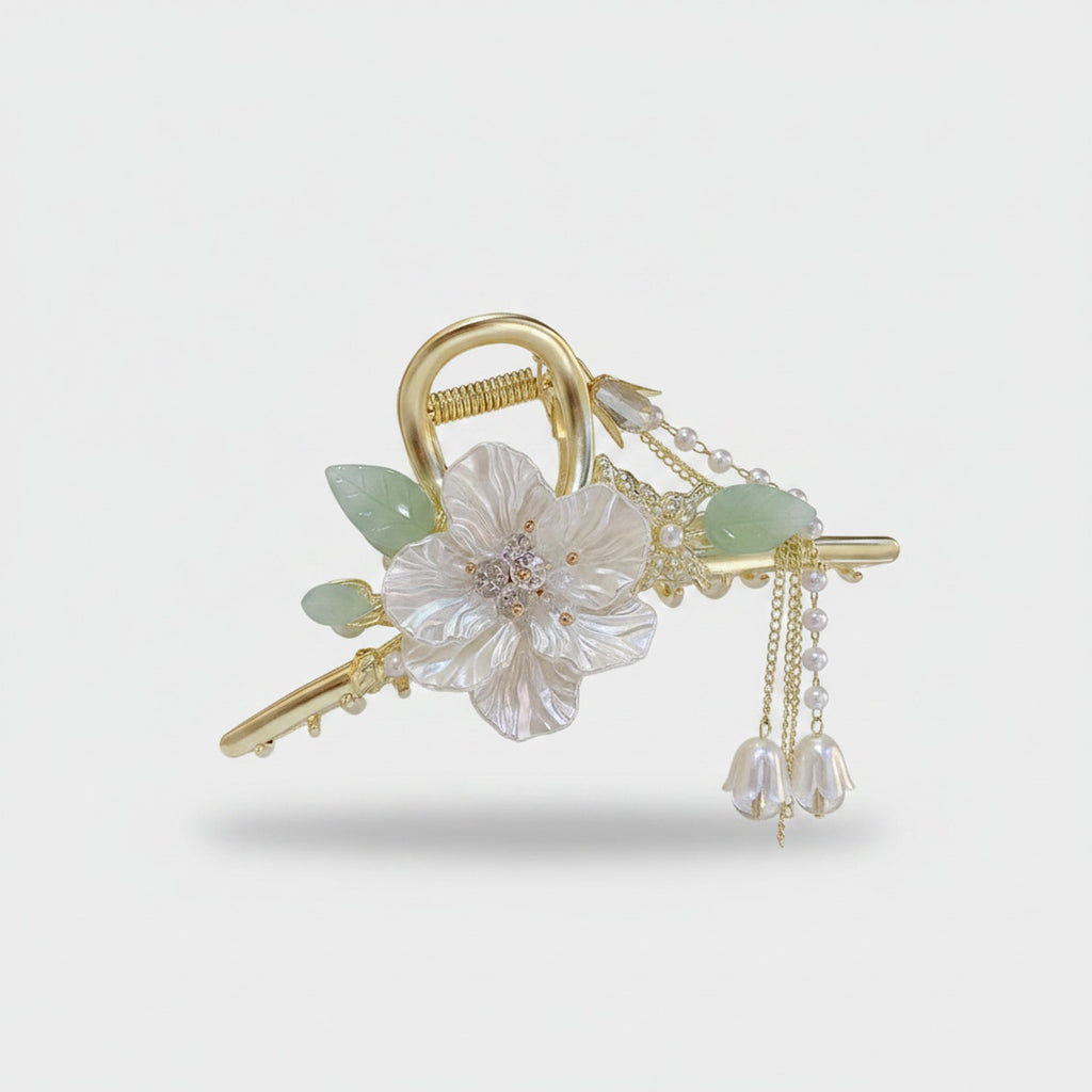 Delicate Floral Pearl Chain Hair Claw