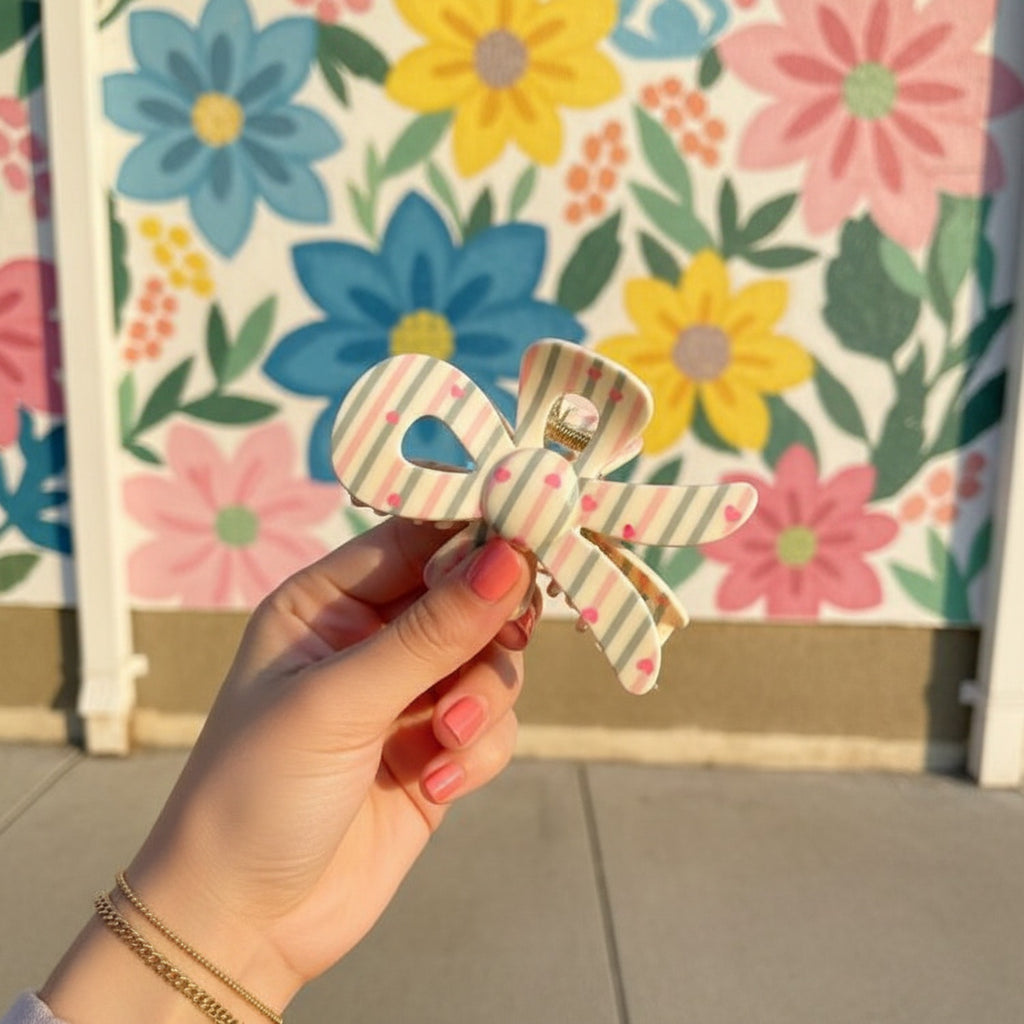 Striped Heart Bow Hair Claw Clip