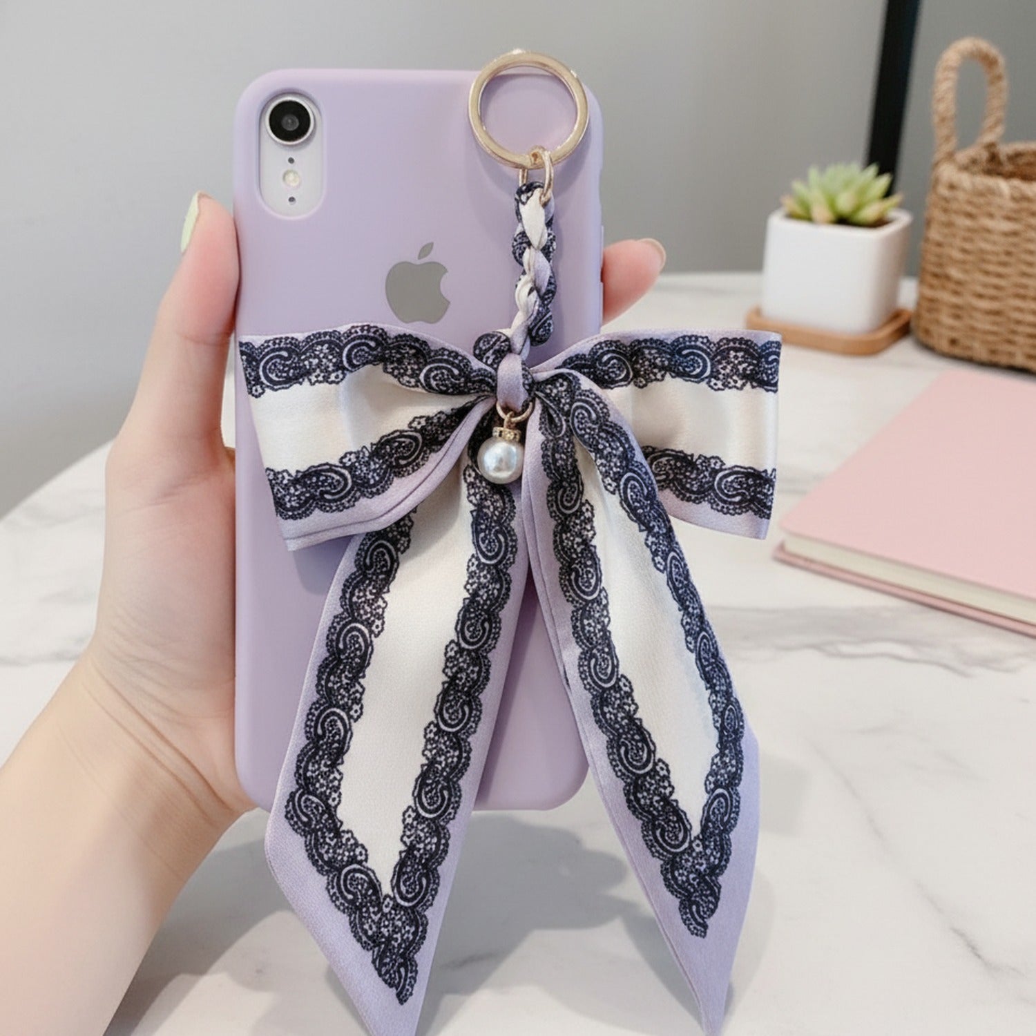 Lace Bow Pearl Acrylic Keyring Charm