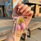 Pink Knit Flower Pearl Beaded Keyring Charm