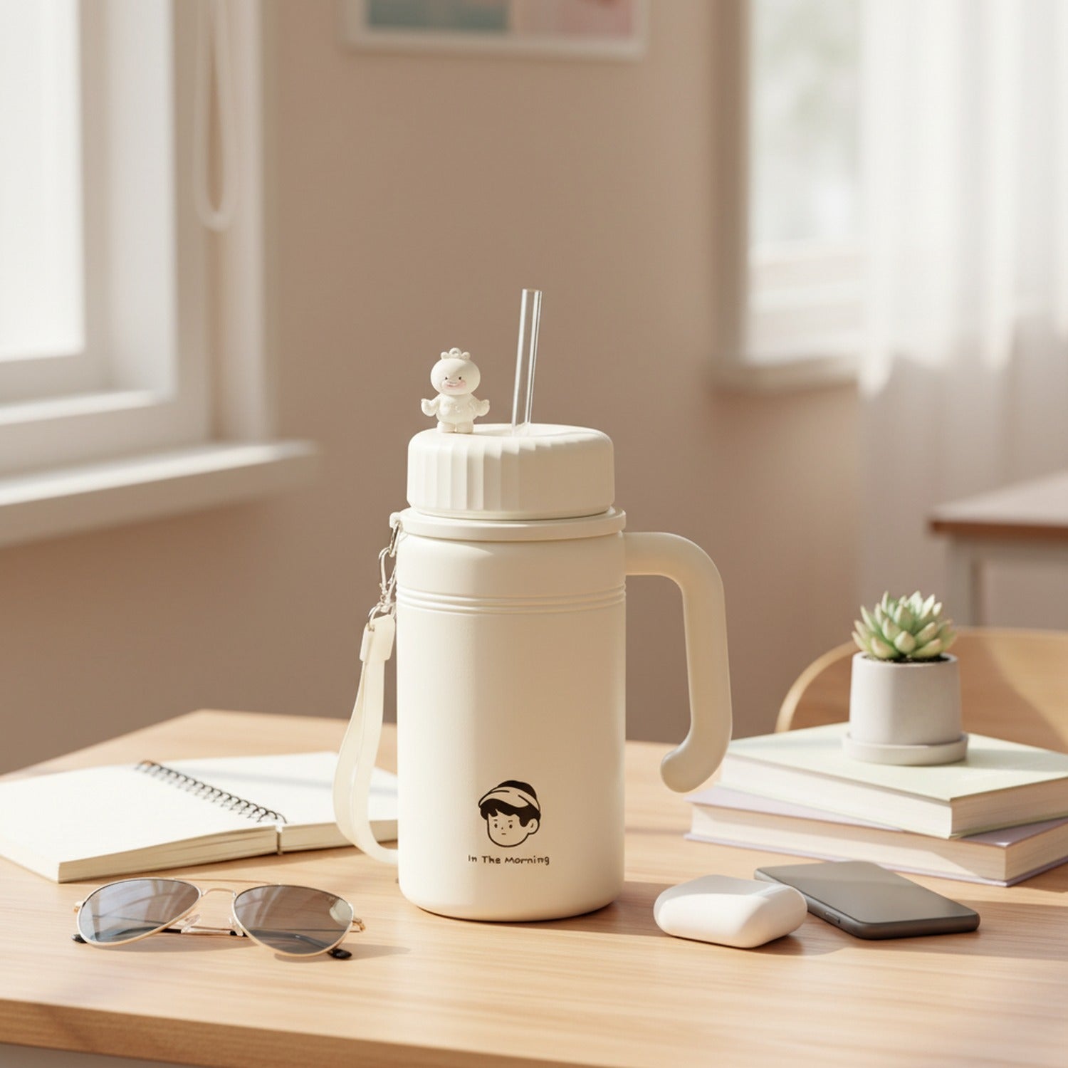 White Ceramic Tumbler With Handle Character Design