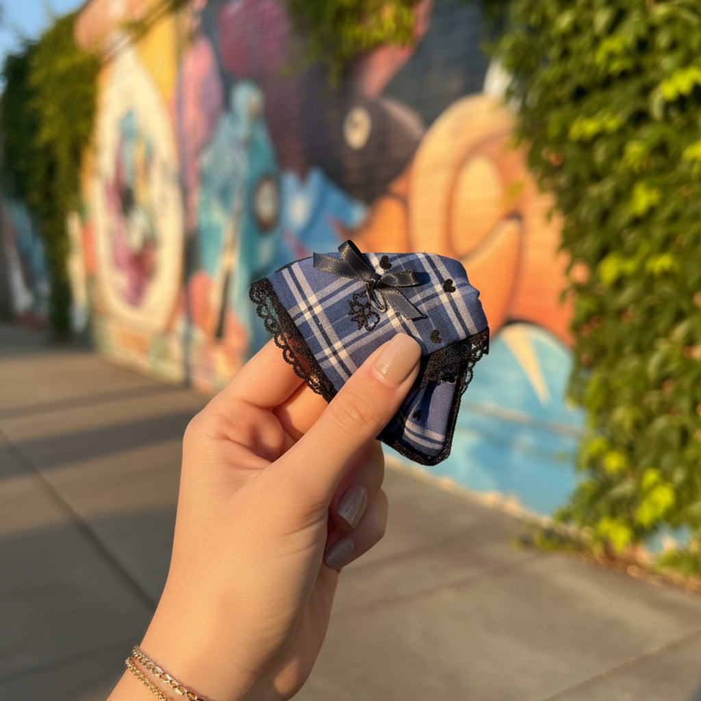 Blue Plaid Hair Claw With Black Lace Trim