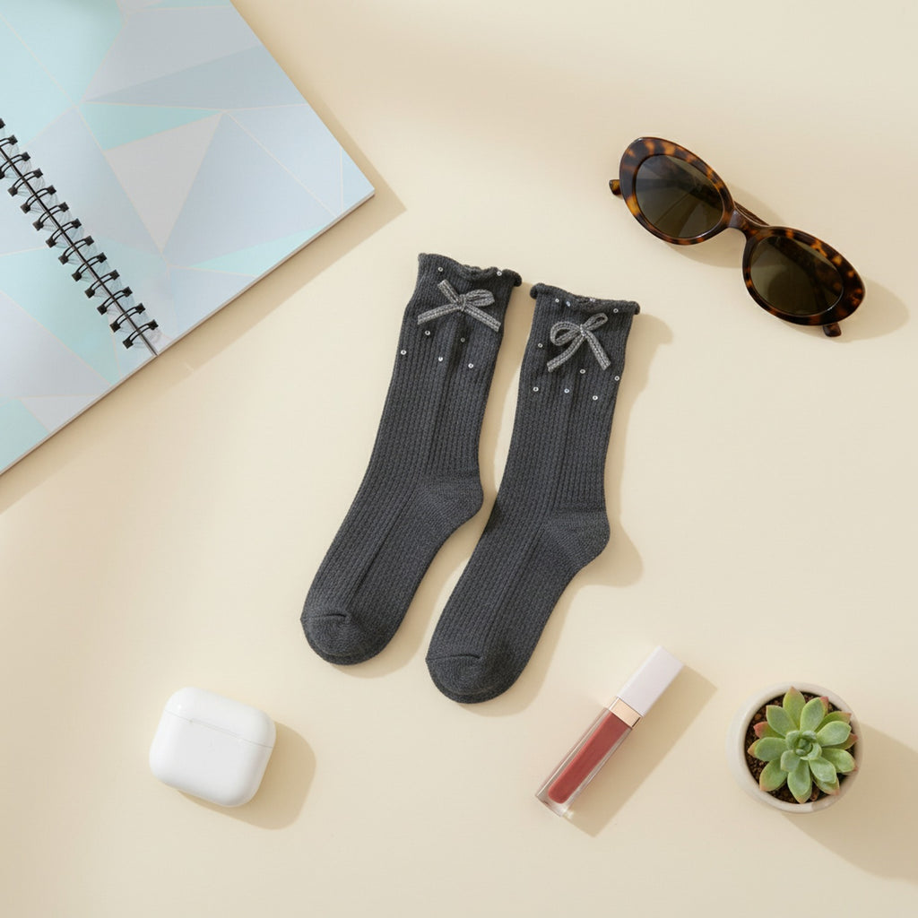 Gray Ribbed Ruffle Dotted Crew Socks
