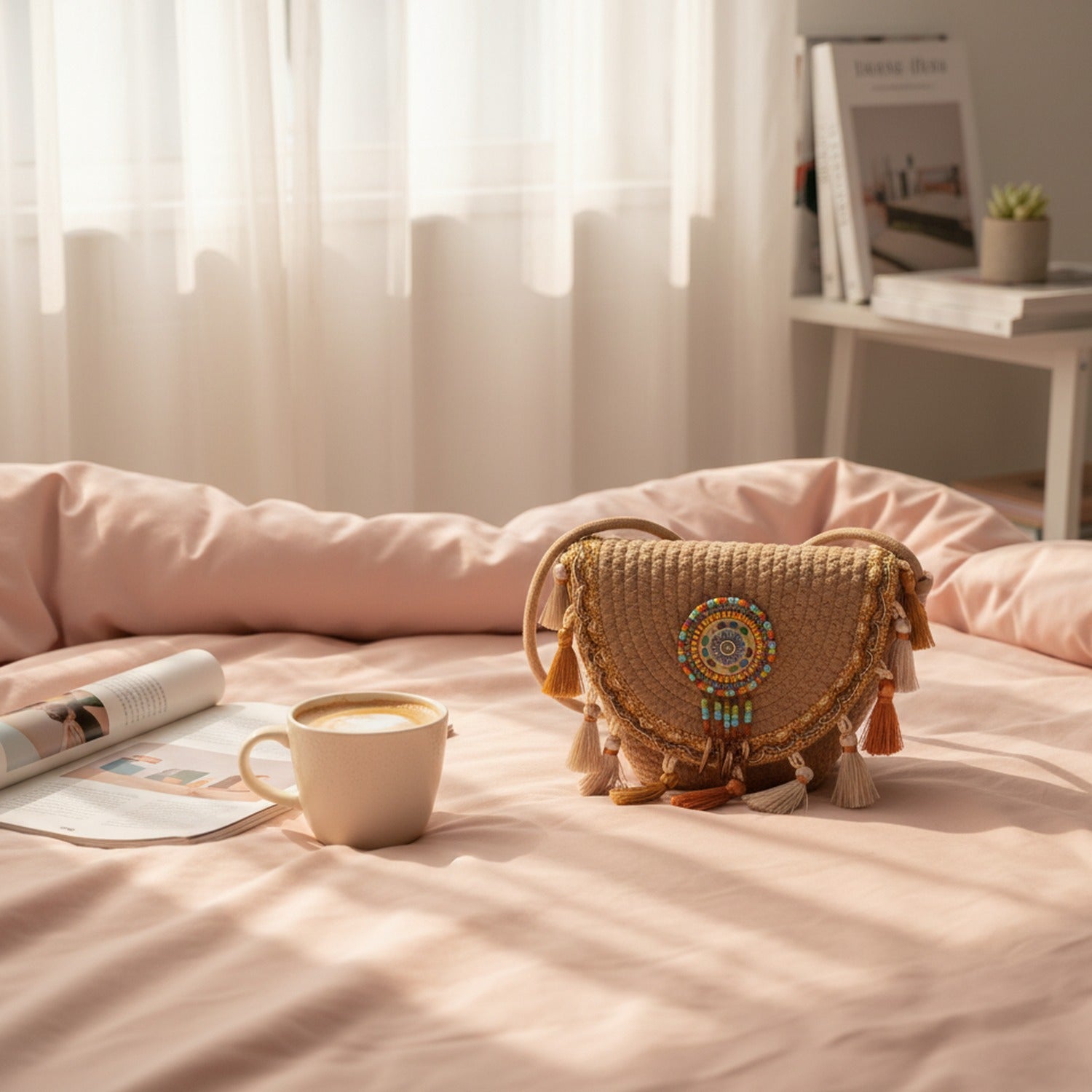Beaded Boho Crossbody Bag With Tassel Fringe