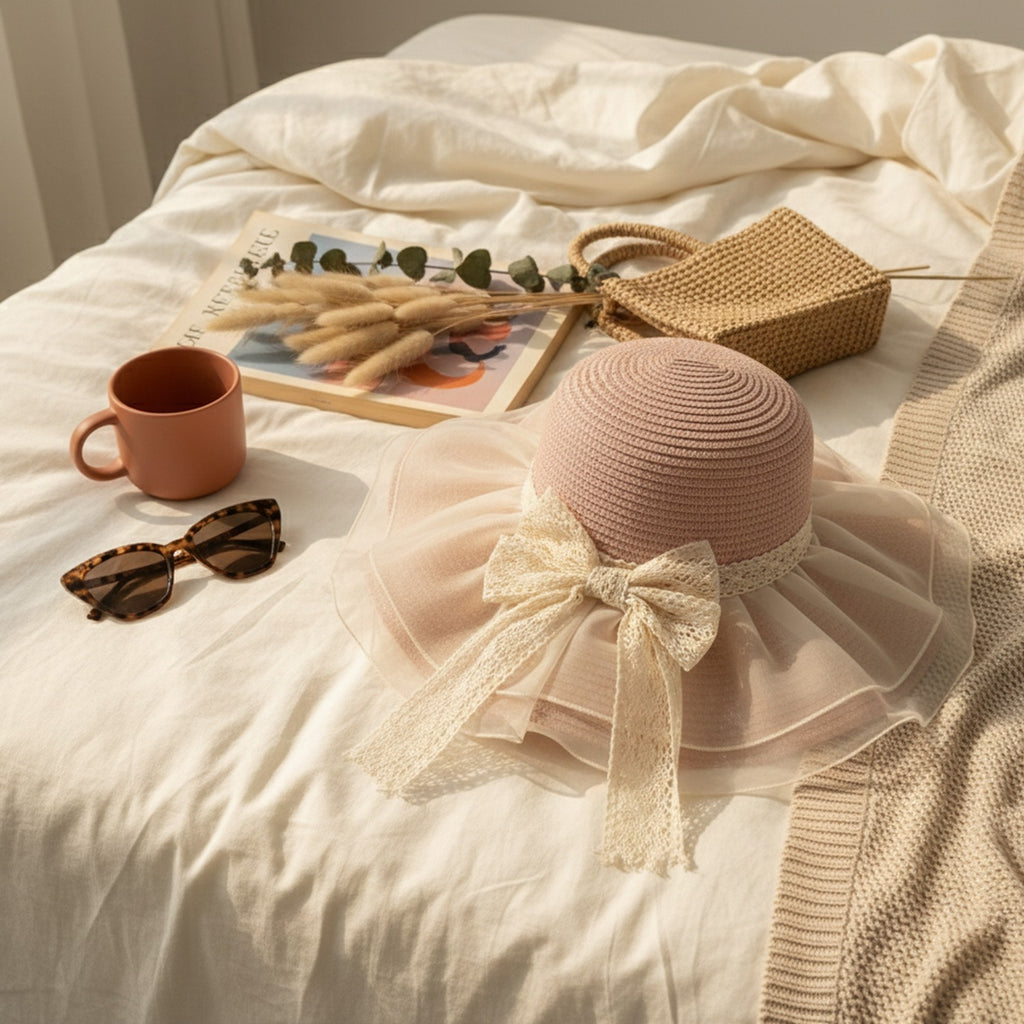 Cream Lace Bow Straw Sun Hat