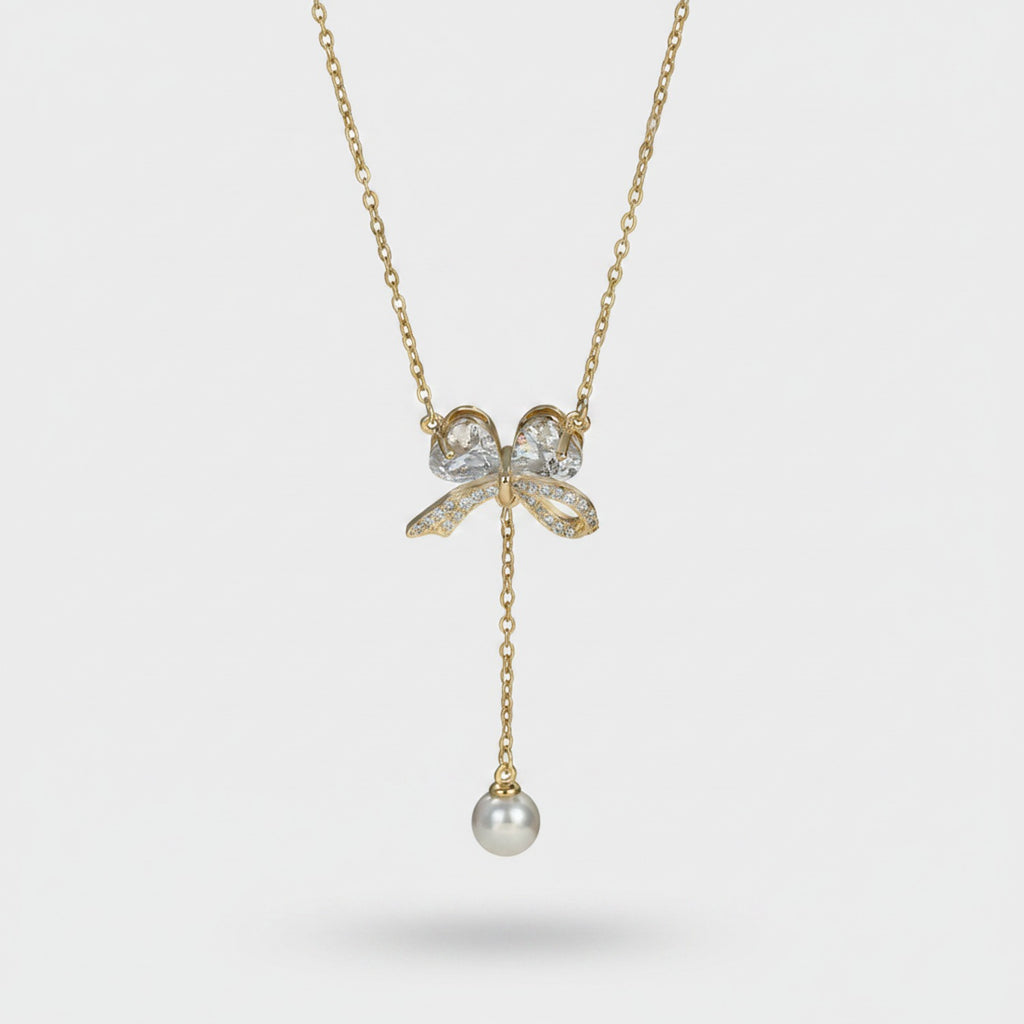 Bow Pearl Drop Chain Necklace Gold
