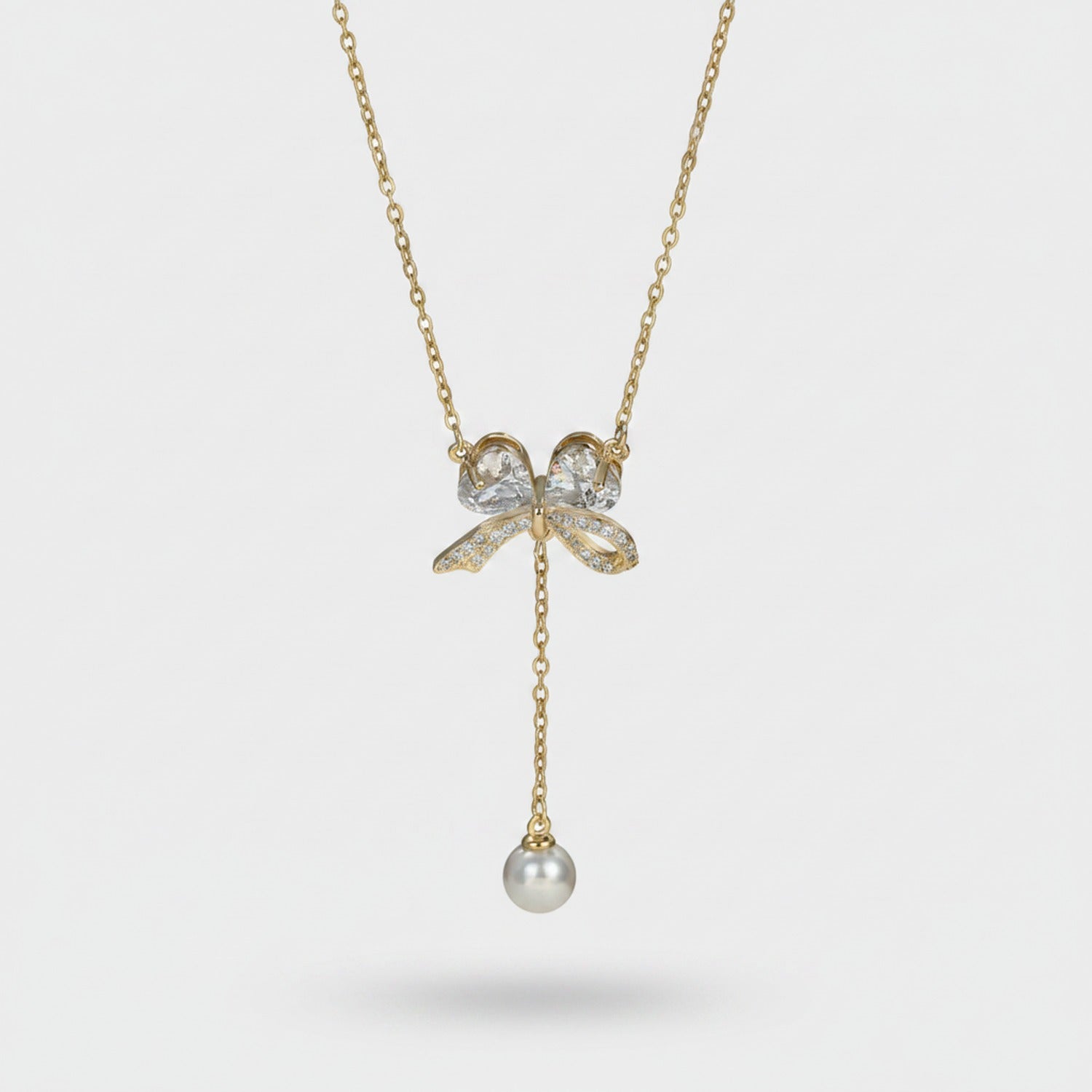 Bow Pearl Drop Chain Necklace Gold