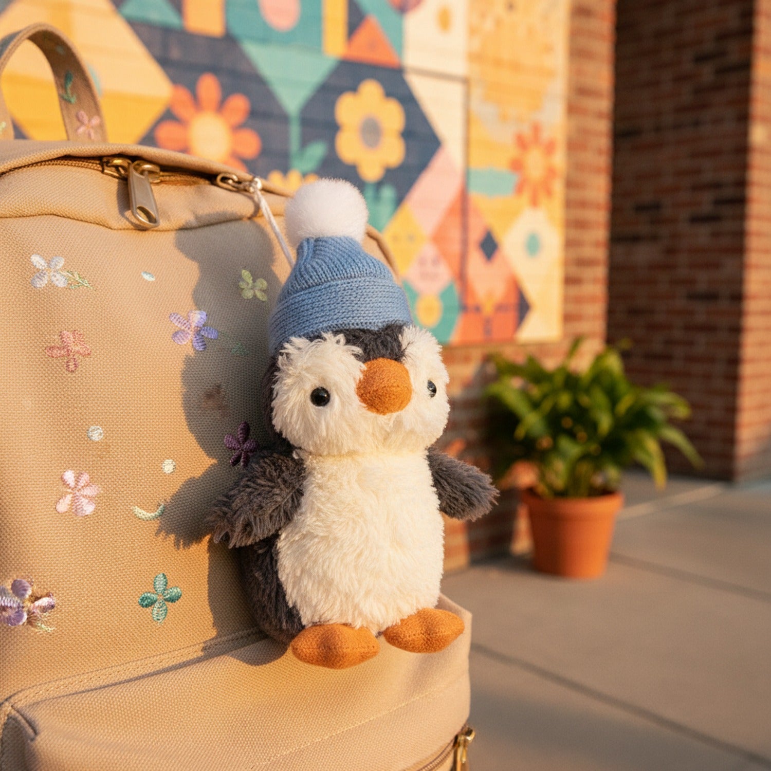 Penguin Plush Toy With Blue Pom Pom Beanie