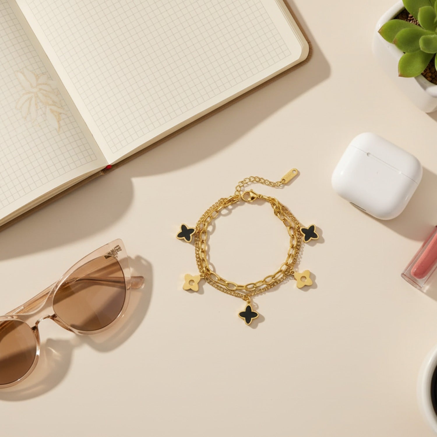 Gold Four-Leaf Clover Charm Chain Bracelet