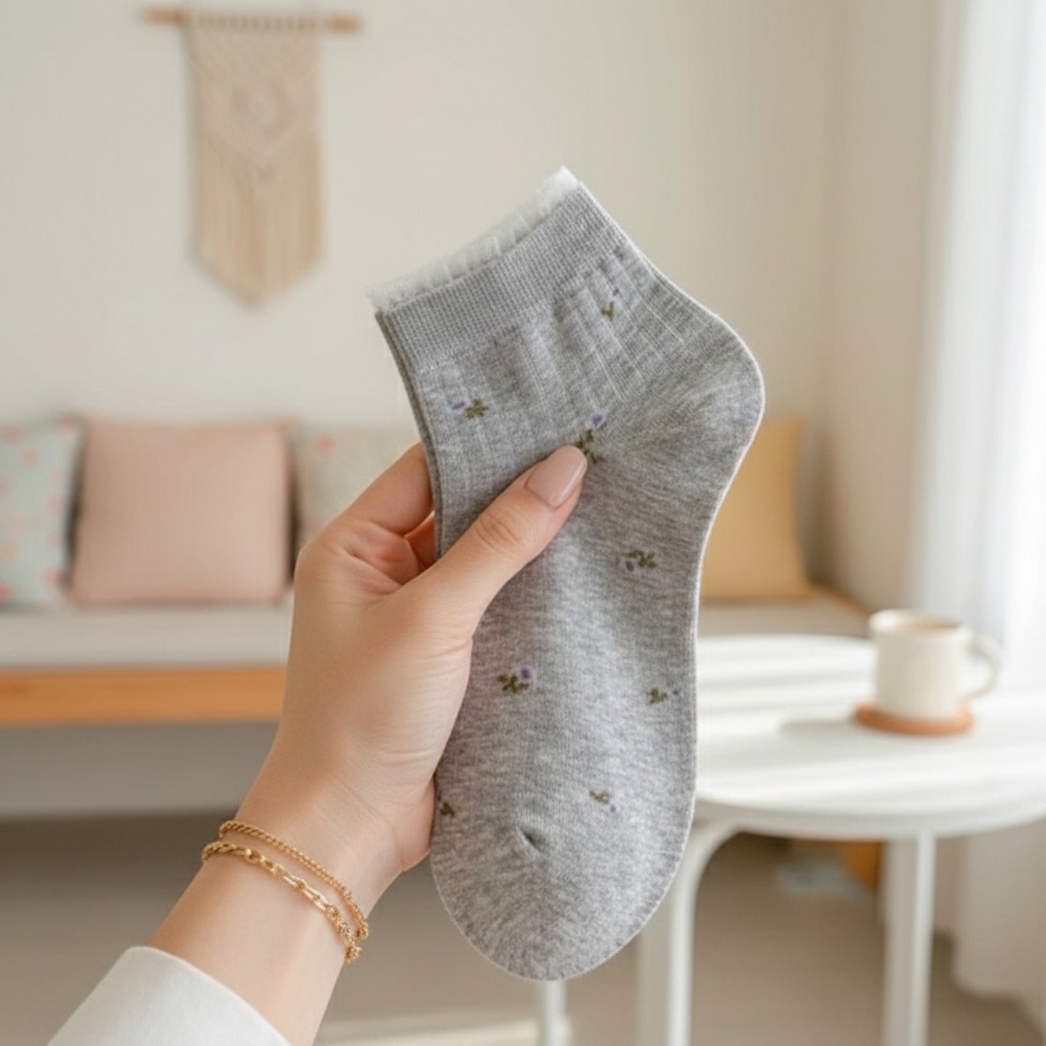 Cream Ribbed Ankle Socks With Floral Embroidery