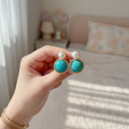Pearl Flower Enamel Oval Stud Earrings